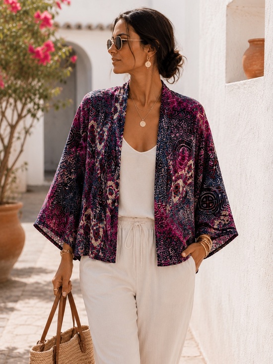 Anthropologie Other - Anthropologie Multicolor Velvet Kimono Cardigan Black Fuchsia Festival Duster